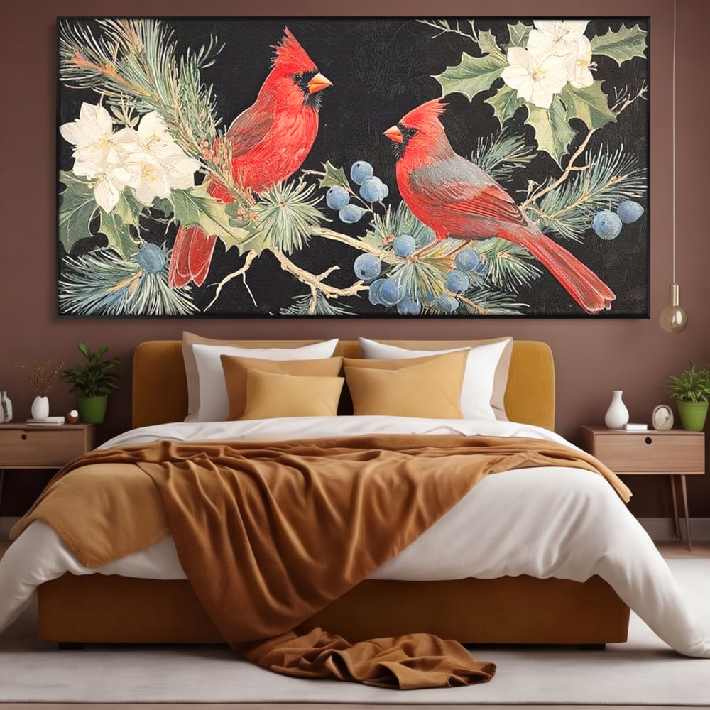 Tablou canvas cu tablou canvas cu doi cardinali pe ramuri, in rama de aluminiu negru, pe perete intr-un dormitor